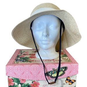 Furtalk Wide Brim Straw Beach Hat w Adjustable Strap Womens Size Medium Large